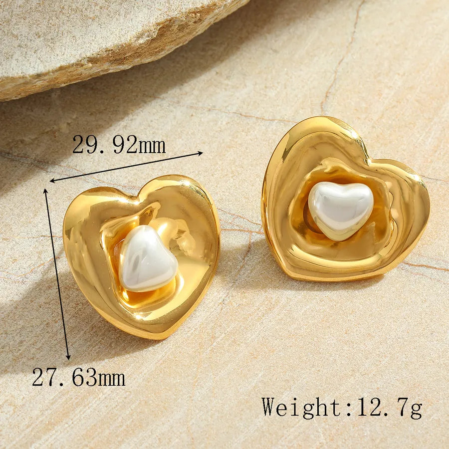 1 Pair Cute Romantic Simple Style Irregular Geometric Heart Shape Plating Inlay 304 Stainless Steel Imitation Pearl 18K Gold Plated Ear Studs