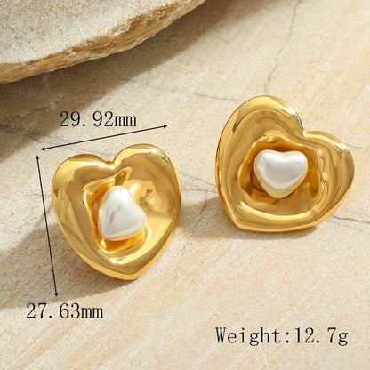 1 Pair Cute Romantic Simple Style Irregular Geometric Heart Shape Plating Inlay 304 Stainless Steel Imitation Pearl 18K Gold Plated Ear Studs
