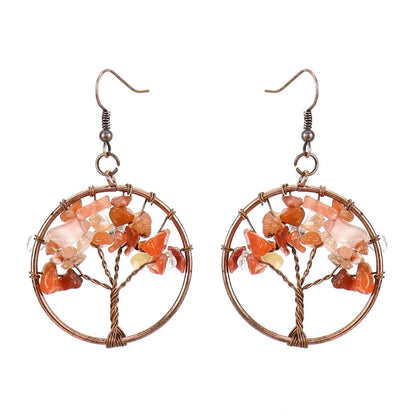1 pair ethnic style pastoral tree hollow out natural stone copper drop earrings