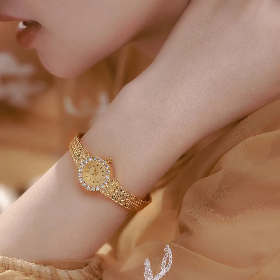 High Quality BS Women's Watch Elegant Wheat Stalk Vintage Gold Quartz Fashionable Round Dial Alloy Strap Mineral Enhanced Glass