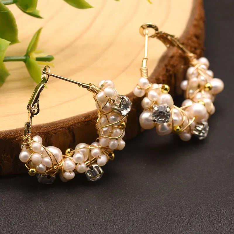 1 Pair 18K Gold Plated Freshwater Pearl Copper Zircon Flower Drop Earrings