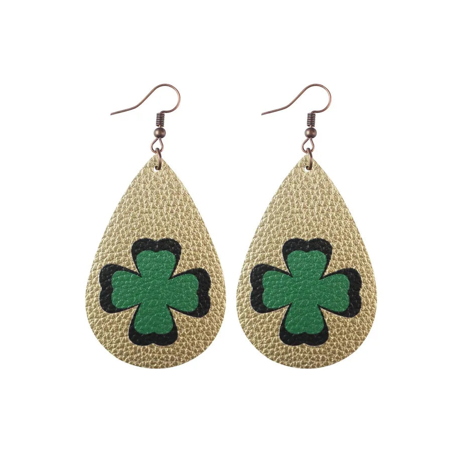 1 pair fashion four leaf clover water droplets pu leather st. patrick women's drop earrings