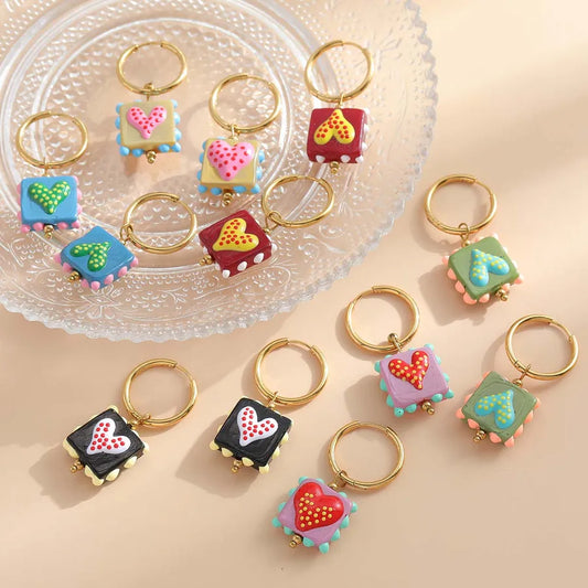1 Pair Casual Cute Sweet Square Heart Shape Enamel Plating 304 Stainless Steel 18K Gold Plated Drop Earrings Earrings