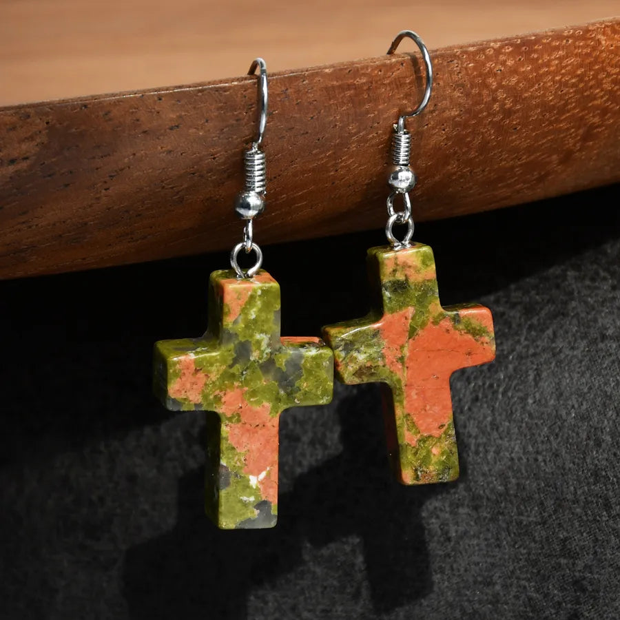 1 Pair Simple Style Cross Alloy natural stone Drop Earrings