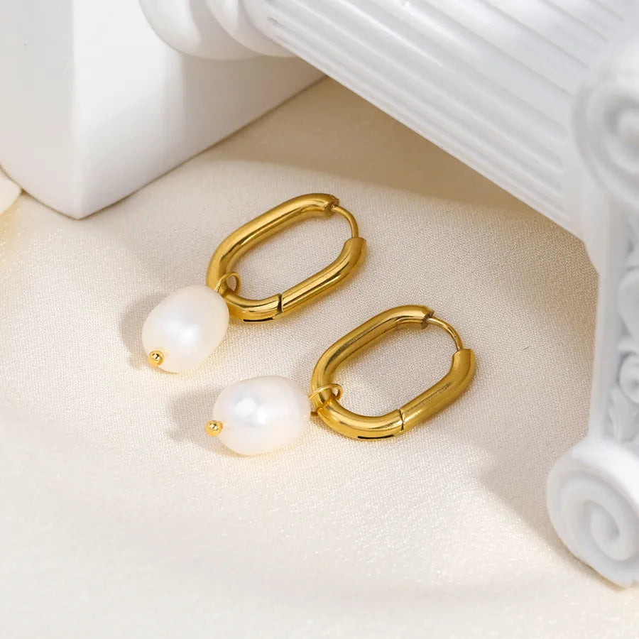 1 Pair Elegant U Shape 201 Stainless Steel Freshwater Pearl 18K Gold Plated Drop Earrings