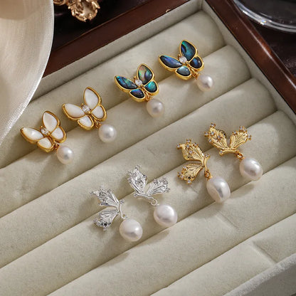 1 pair ig style butterfly plating inlay metal copper freshwater pearl shell 18k gold plated silver plated drop earrings