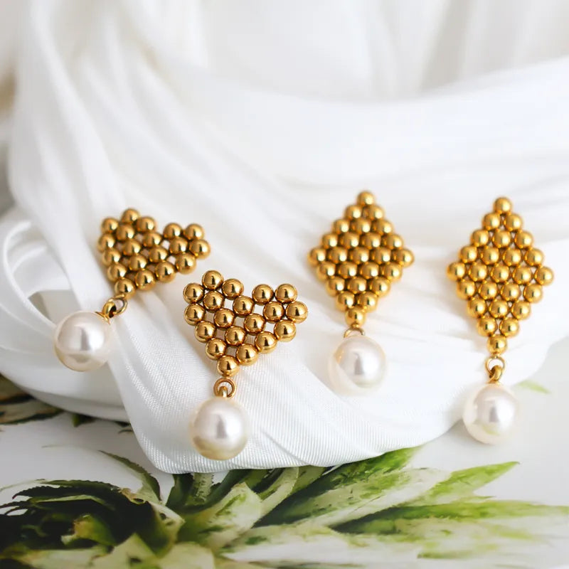 1 Pair Classical Romantic Commute Heart Shape Rhombus Beaded 304 Stainless Steel 18K Gold Plated Drop Earrings