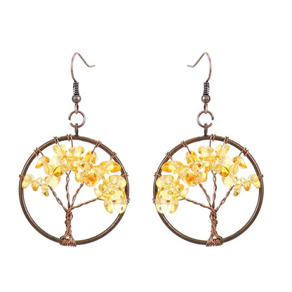 1 pair ethnic style pastoral tree hollow out natural stone copper drop earrings