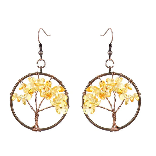 1 pair ethnic style pastoral tree hollow out natural stone copper drop earrings