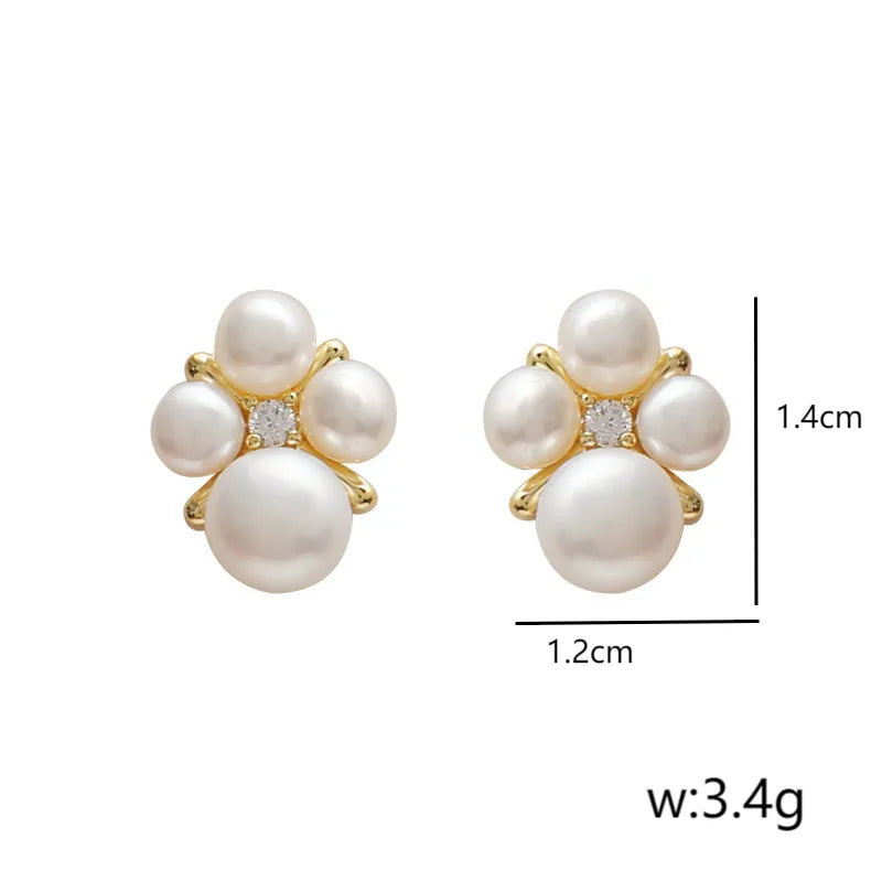 1 Pair Elegant Vintage Style Commute Round Inlay Copper Freshwater Pearl Zircon 14K Gold Plated Ear Studs