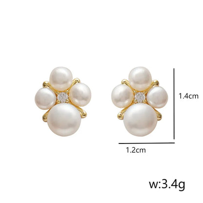 1 Pair Elegant Vintage Style Commute Round Inlay Copper Freshwater Pearl Zircon 14K Gold Plated Ear Studs