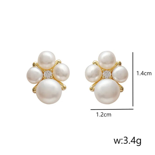 1 Pair Elegant Vintage Style Commute Round Inlay Copper Freshwater Pearl Zircon 14K Gold Plated Ear Studs