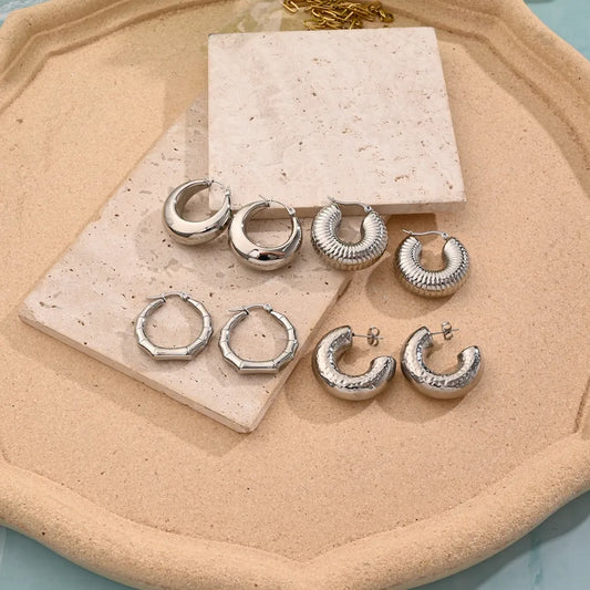 1 Pair/Package Casual Simple Style C Shape Round Stripe Handmade Polishing Plating 304 Stainless Steel Earrings