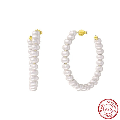 1 Pair 925 Sterling Silver Freshwater Pearl C Shape Ear Studs