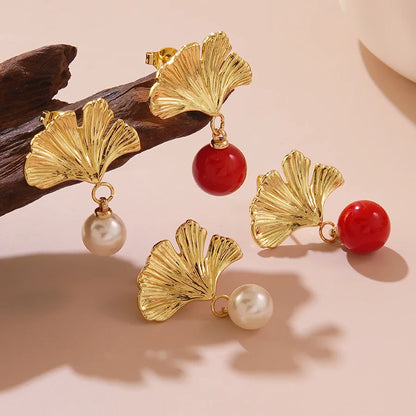 1 Pair Elegant Sweet Flower Ginkgo Leaf 304 Stainless Steel Imitation Gold  Drop Earrings