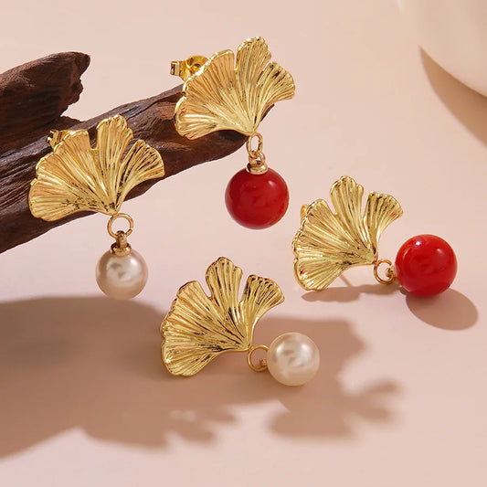 1 Pair Elegant Sweet Flower Ginkgo Leaf 304 Stainless Steel Imitation Gold  Drop Earrings