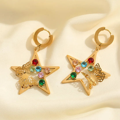 1 Pair Casual Elegant Cute Pentagram Geometric Butterfly Plating Inlay 304 Stainless Steel Zircon 18K Gold Plated Earrings