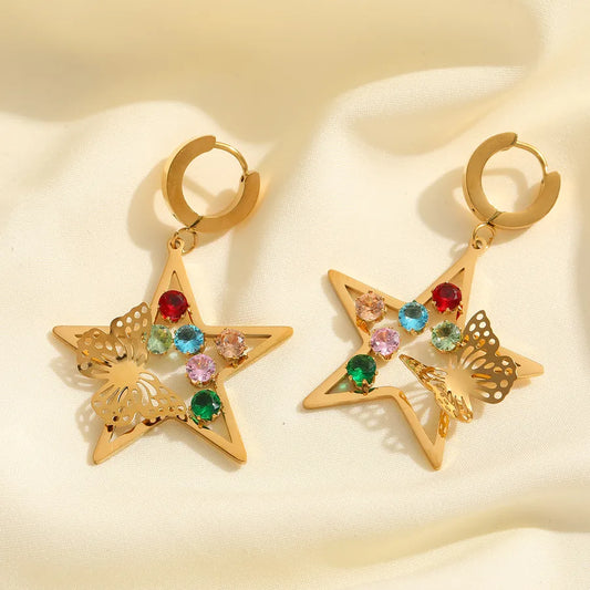 1 Pair Casual Elegant Cute Pentagram Geometric Butterfly Plating Inlay 304 Stainless Steel Zircon 18K Gold Plated Earrings