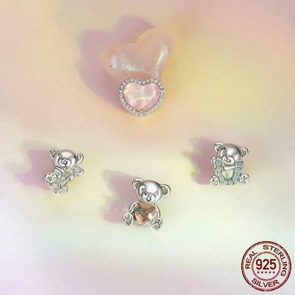 1 Piece 12 * 14mm Hole 4~4.9mm 925 Sterling Silver Zircon White Gold Plated Bear Heart Shape Polished Pendant Beads Jewelry Accessories