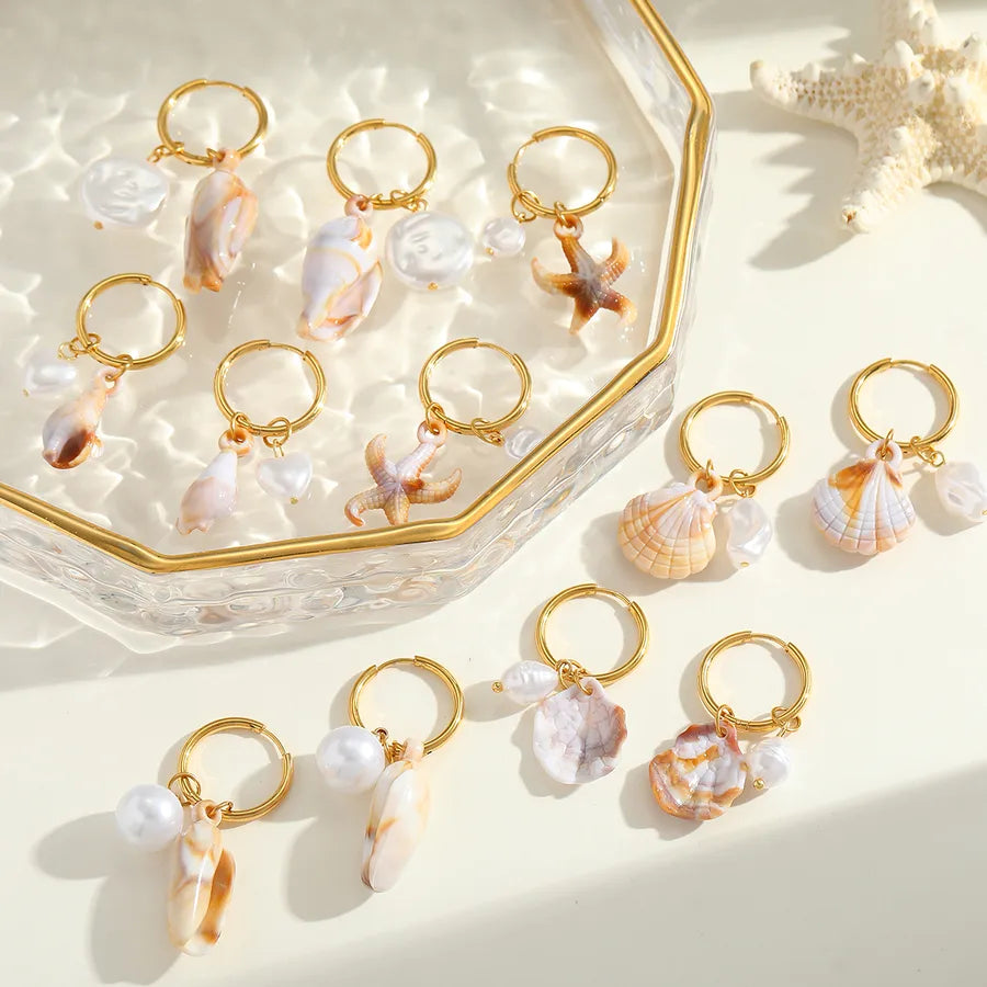 1 Pair Cute Romantic Artistic Starfish Conch Shell Plating Inlay 304 Stainless Steel Acrylic Imitation Pearl 18K Gold Plated Earrings
