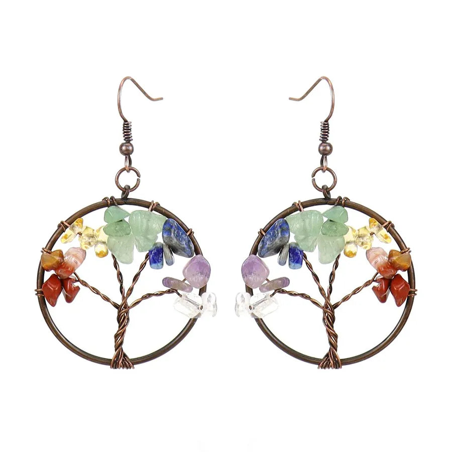1 pair ethnic style pastoral tree hollow out natural stone copper drop earrings