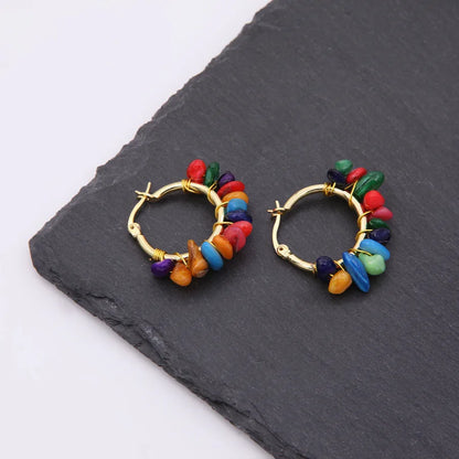 1 pair ethnic style bohemian tropical solid color handmade plating natural stone copper 18k gold plated hoop earrings