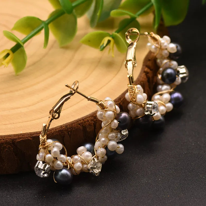 1 Pair 18K Gold Plated Freshwater Pearl Copper Zircon Flower Drop Earrings