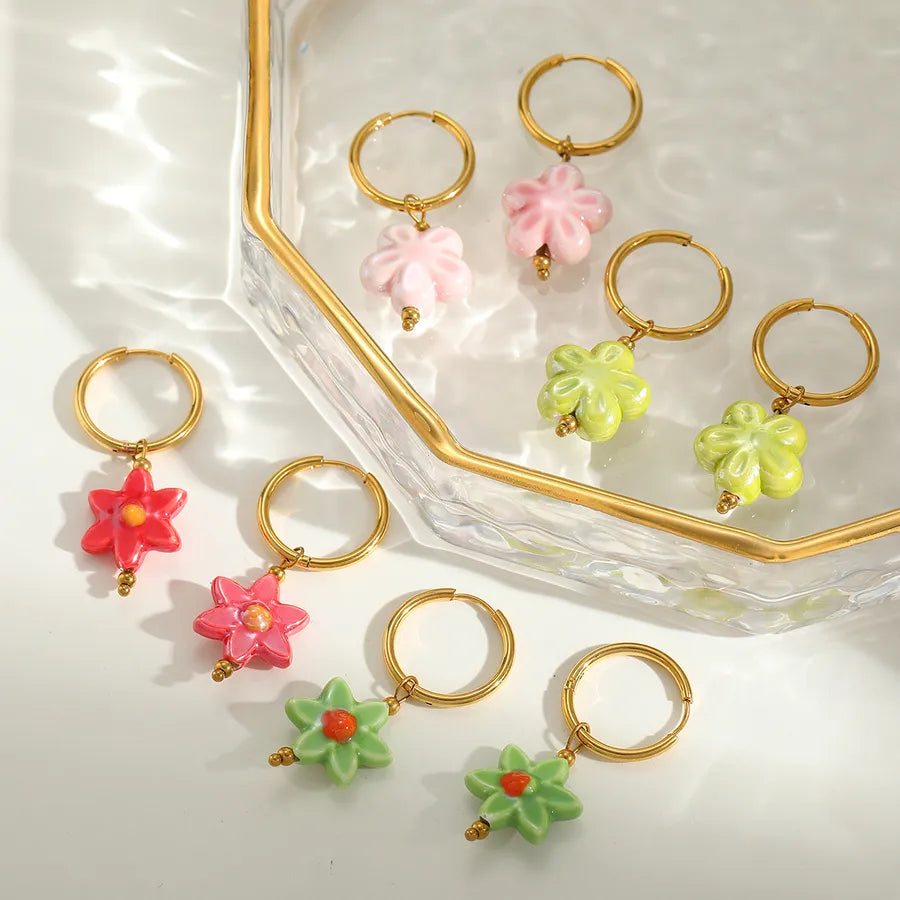 1 Pair Cute Romantic Artistic Flower Plating Inlay 304 Stainless Steel ceramics 18K Gold Plated Earrings