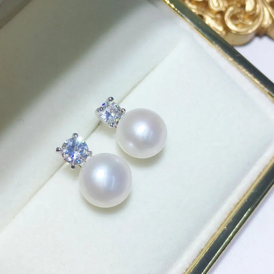 1 Pair Freshwater Pearl Copper Zircon Freshwater pearl earrings Round Ear Studs