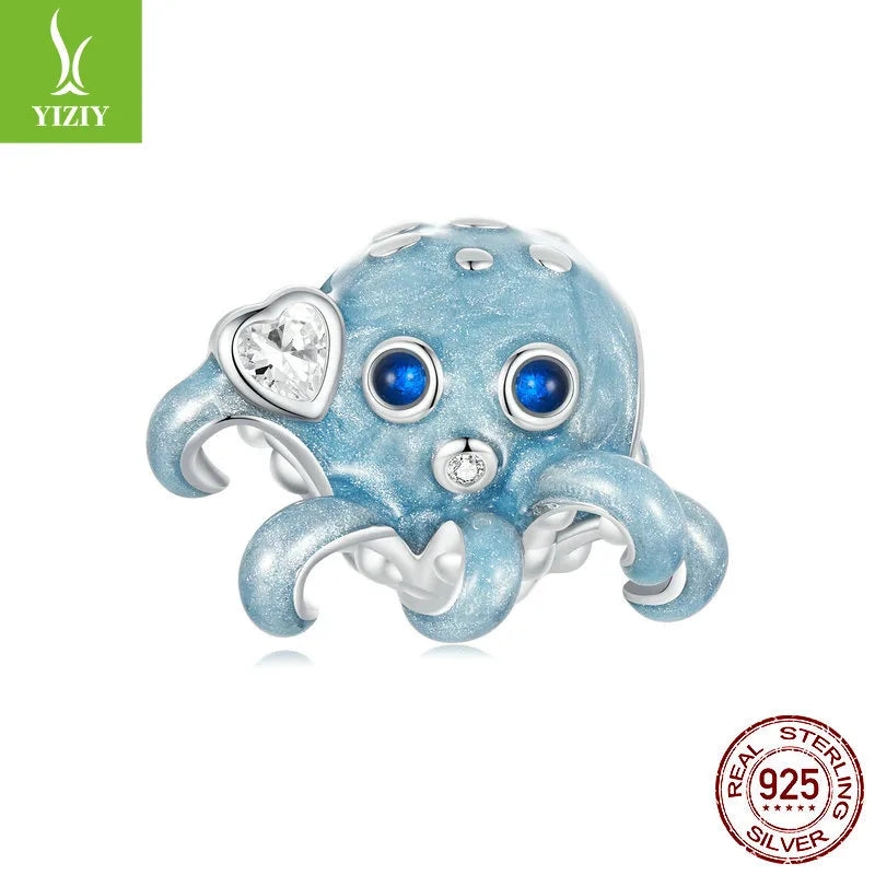 1 Piece 13*16mm Hole 4~4.9mm 925 Sterling Silver Zircon White Gold Plated Octopus Polished Beads Jewelry Accessories