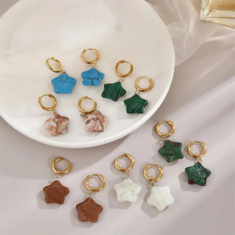 1 Pair Commute Star Enamel Plating Stainless Steel natural stone 18K Gold Plated Earrings