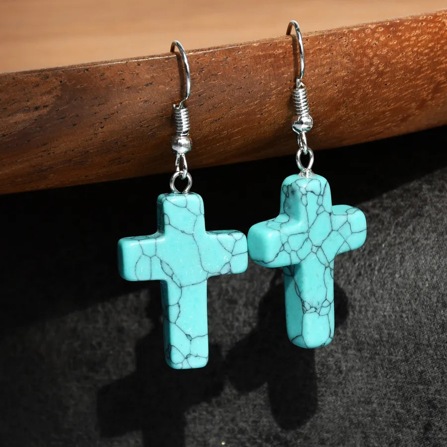 1 Pair Simple Style Cross Alloy natural stone Drop Earrings
