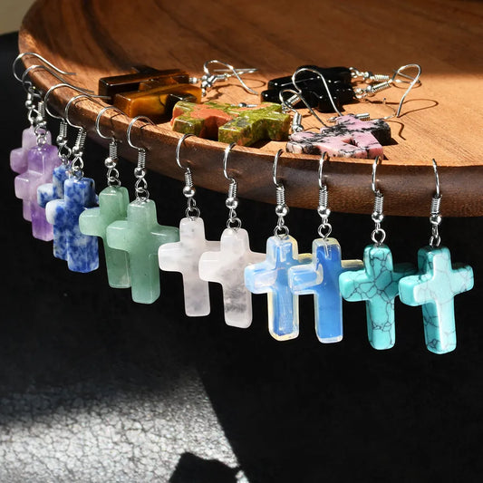 1 Pair Simple Style Cross Alloy natural stone Drop Earrings