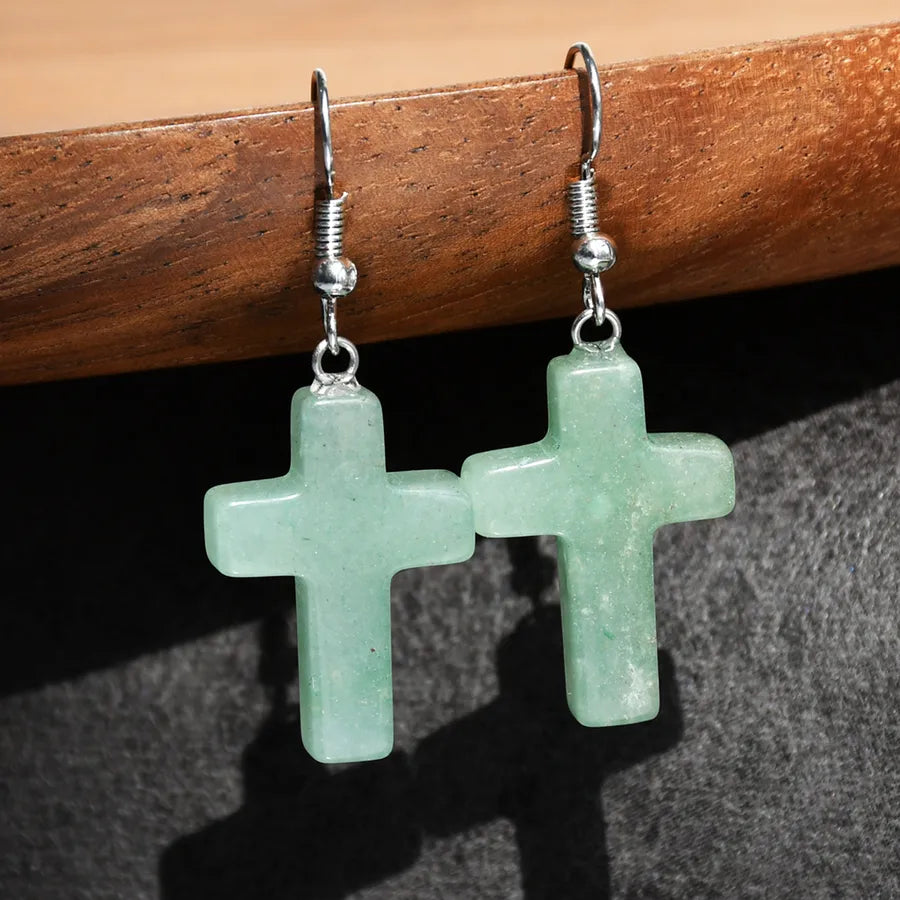 1 Pair Simple Style Cross Alloy natural stone Drop Earrings