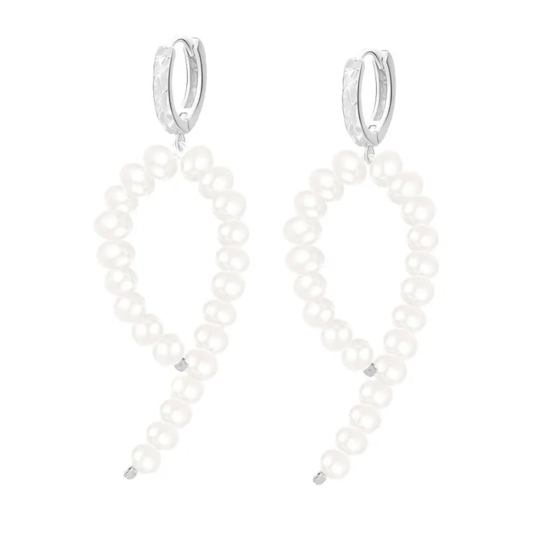 1 Pair 925 Sterling Silver Freshwater Pearl Lines Drop Earrings