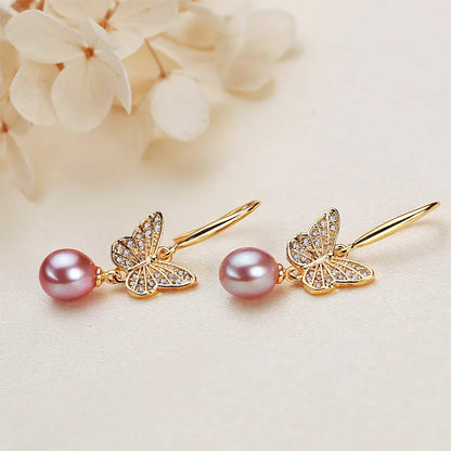 1 Pair 18K Gold Plated Freshwater Pearl Copper Zircon Freshwater pearl earrings Water Droplets Butterfly Drop Earrings