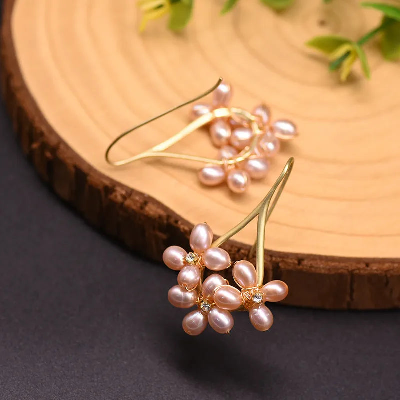 1 Pair 18K Gold Plated Freshwater Pearl Copper Zircon Flower Drop Earrings