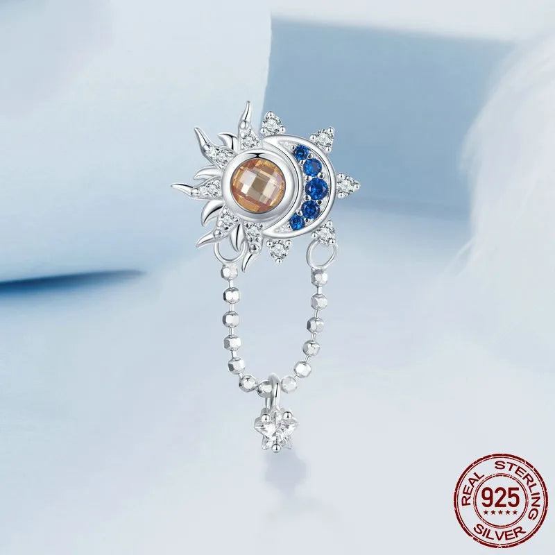 1 Piece 12 * 22mm Hole 4~4.9mm 925 Sterling Silver Zircon White Gold Plated Sun Moon Polished Beads Jewelry Accessories