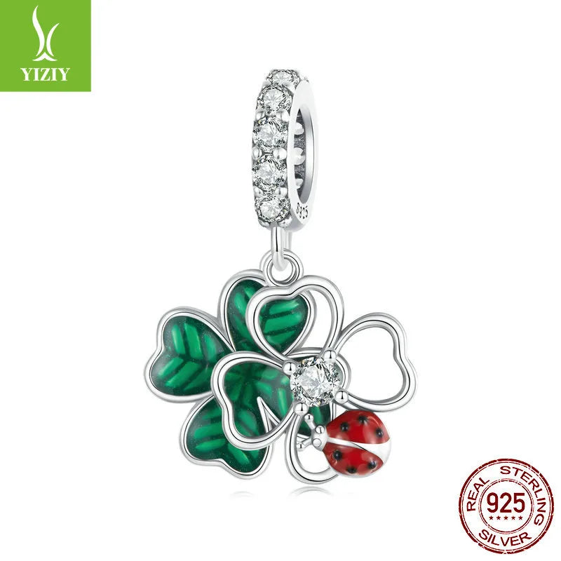 1 Piece 18 * 22mm Hole 4~4.9mm 925 Sterling Silver Zircon Four Leaf Clover Beetles Polished Pendant Beads Jewelry Accessories
