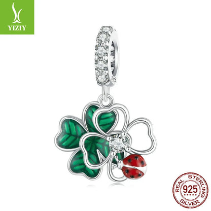 1 Piece 18 * 22mm Hole 4~4.9mm 925 Sterling Silver Zircon Four Leaf Clover Beetles Polished Pendant Beads Jewelry Accessories