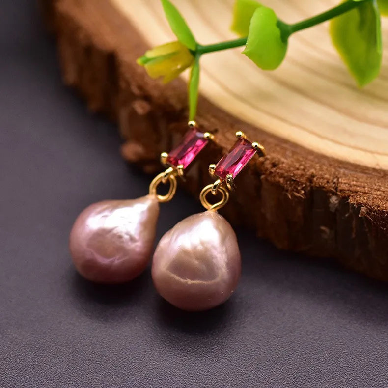 1 Pair Freshwater Pearl Zircon Freshwater pearl earrings Round Drop Earrings