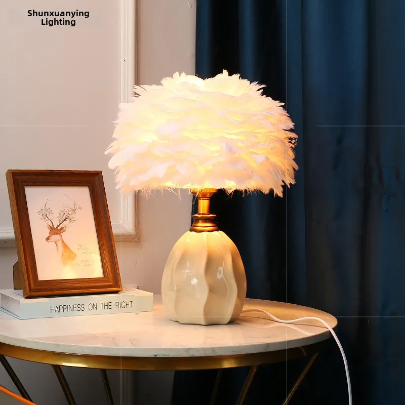 Nordic Feather Table Lamp  Girl Warm Romantic Bedside Lamp Internet Celebrity Homestay Live Room Atmosphere Decorative Table Lamp