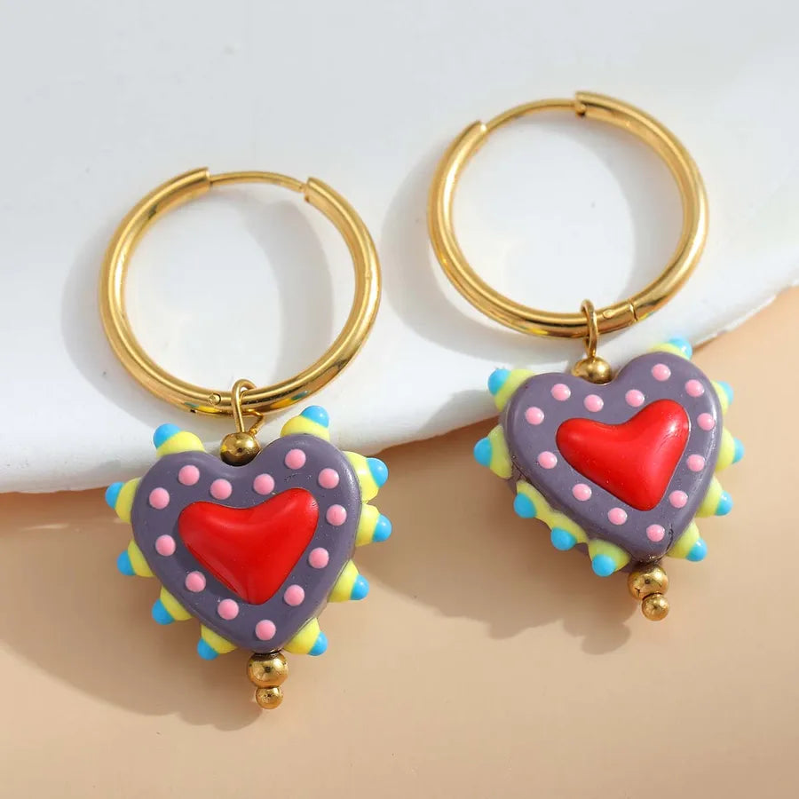 1 Pair Casual Cute Sweet Heart Shape Enamel Plating 304 Stainless Steel 18K Gold Plated Charm Sleeper Hoop Earrings
