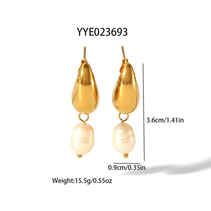 1 Pair Elegant Luxurious French Style Water Droplets Polishing 304 Stainless Steel Freshwater Pearl 18K Gold Plated Drop Earrings