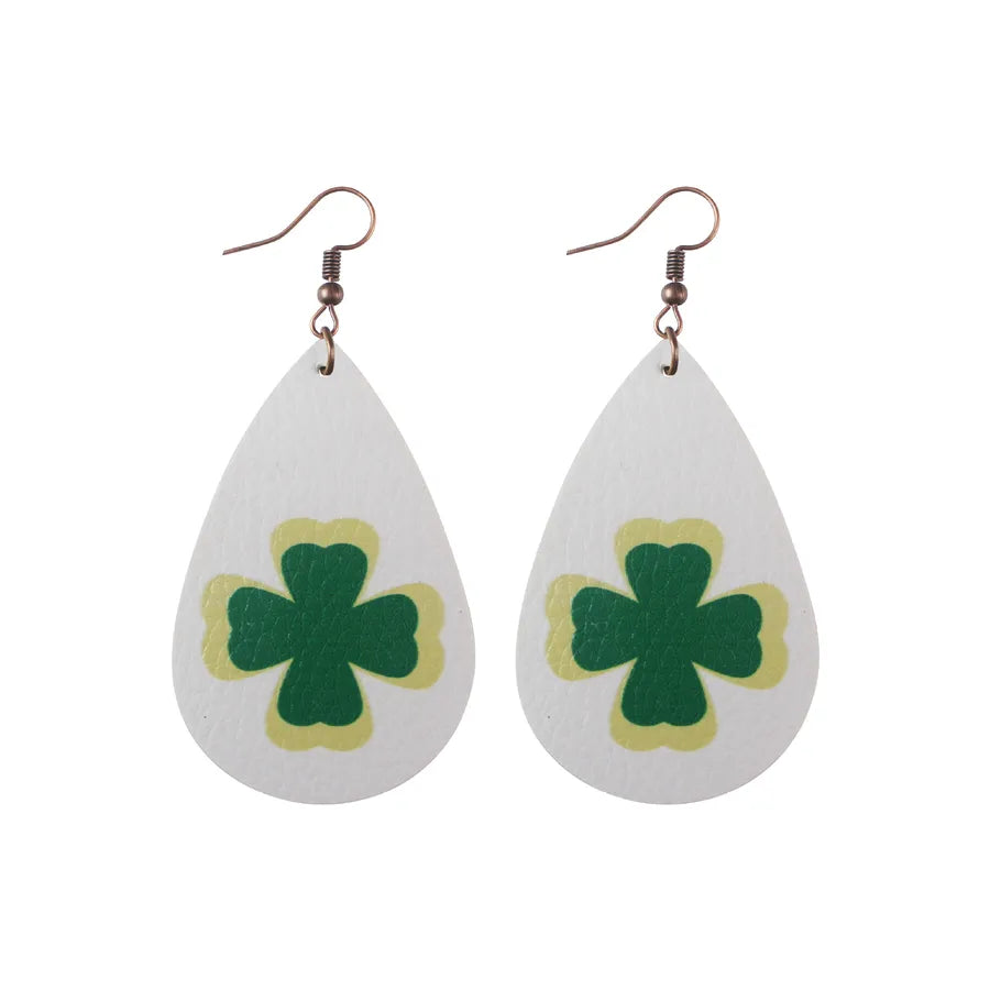 1 pair fashion four leaf clover water droplets pu leather st. patrick women's drop earrings
