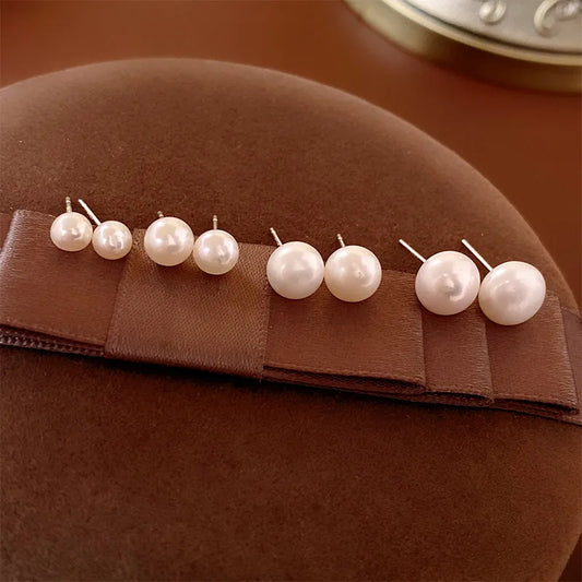 1 Pair Solid Color 925 Sterling Silver Freshwater Pearl Ear Studs