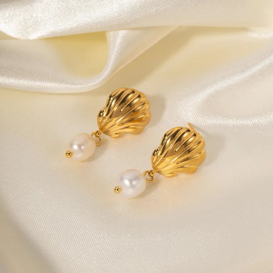1 Pair INS Style Streetwear Shell Plating 304 Stainless Steel Freshwater Pearl Drop Earrings
