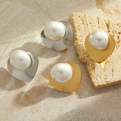 1 Pair Cute Romantic Simple Style Irregular Geometric Heart Shape Plating Inlay 304 Stainless Steel Imitation Pearl 18K Gold Plated Ear Studs
