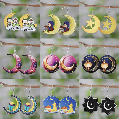 1 Pair Retro Moon Wood Drop Earrings