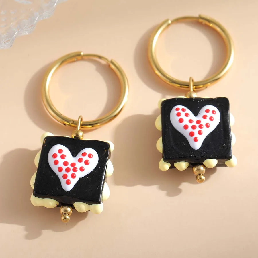 1 Pair Casual Cute Sweet Square Heart Shape Enamel Plating 304 Stainless Steel 18K Gold Plated Drop Earrings Earrings